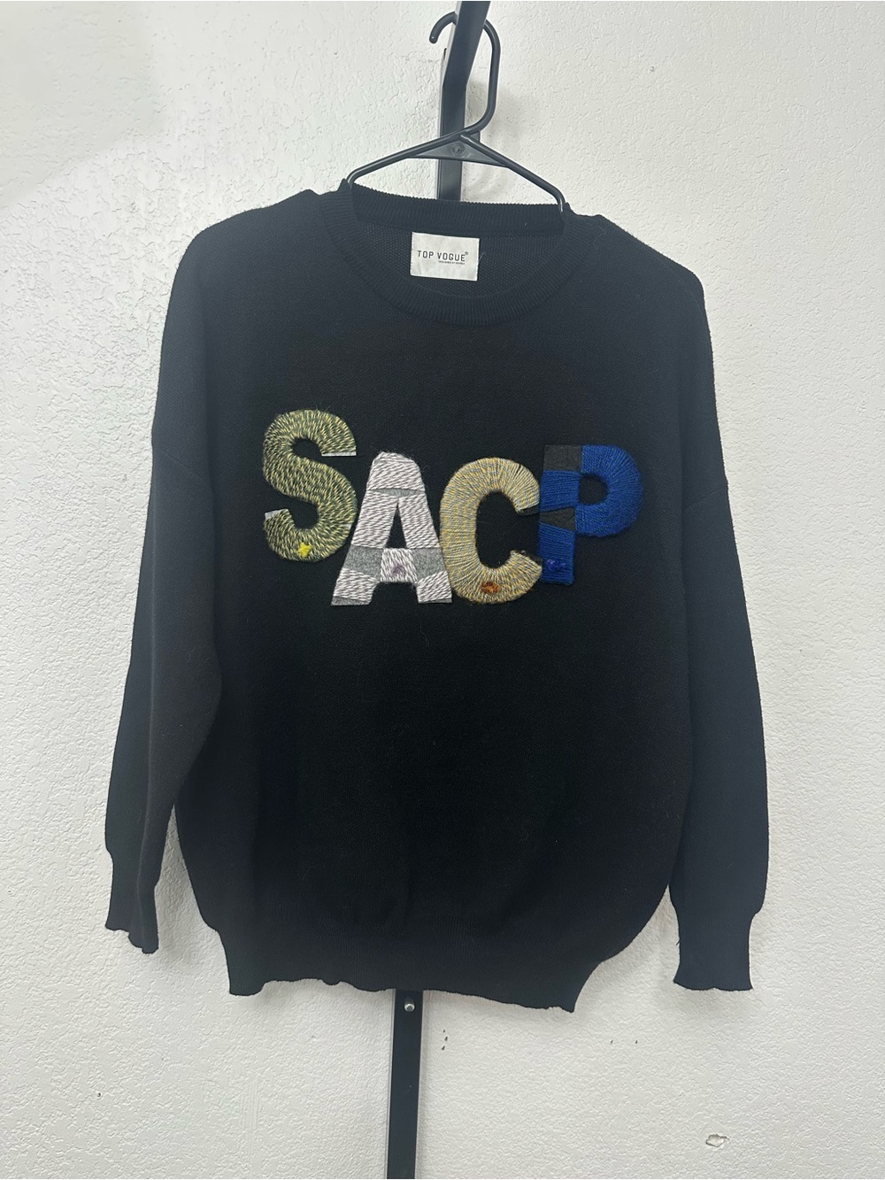 Vogue Black Crewneck Sweater with Multicolor 'SACP' Embroidery